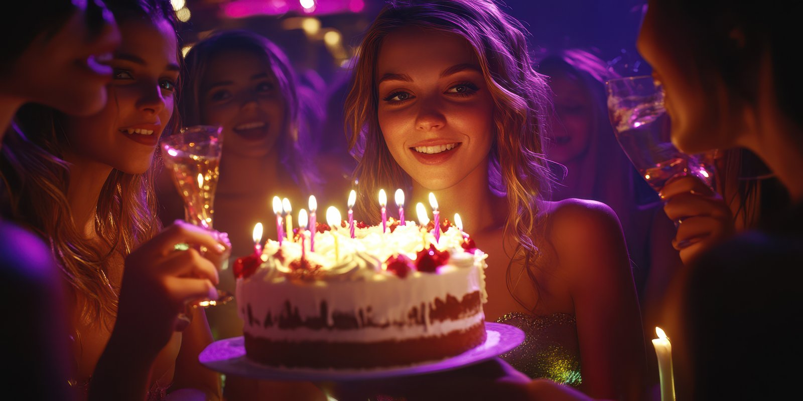 Friends celebrate a birthday with candles and a cake at a vibrant nighttime party